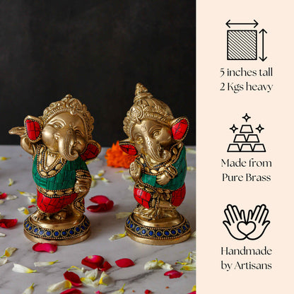 Baby Ganesh Dancing Brass Statue with Gems - Set of 2