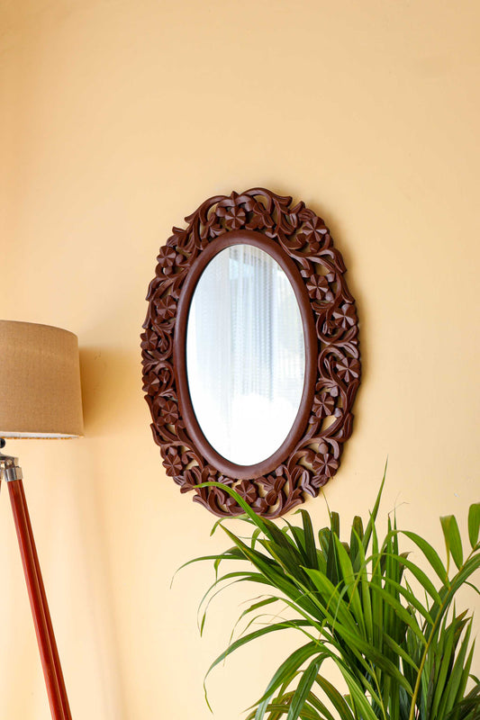 Brown Antique Carving Oval Wall Mirror