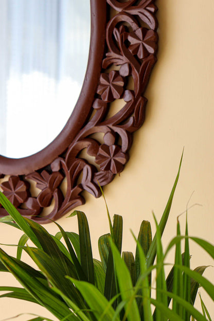 Brown Antique Carving Oval Wall Mirror