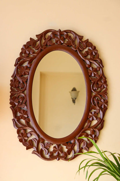 Brown Antique Carving Oval Wall Mirror