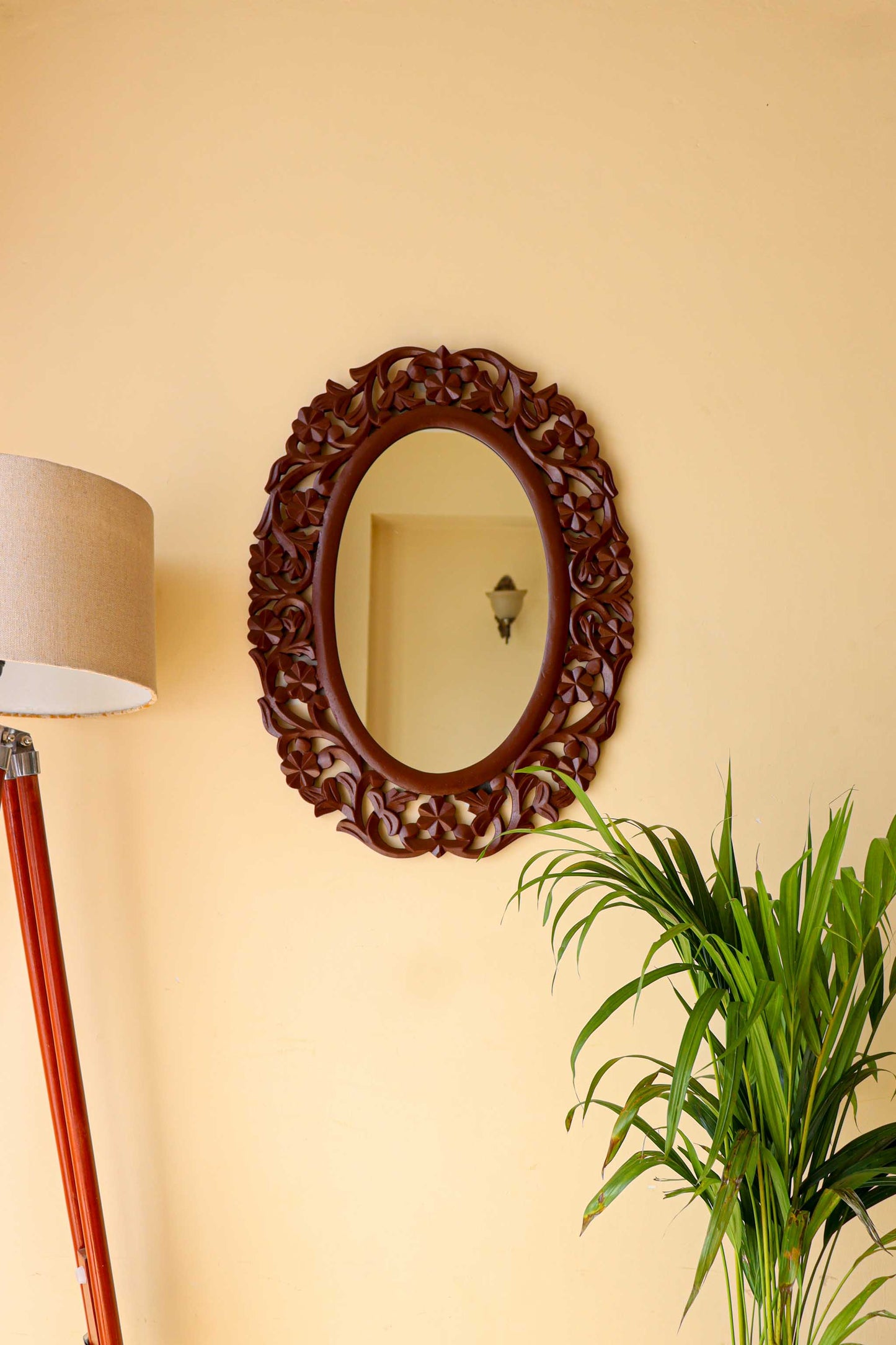 Brown Antique Carving Oval Wall Mirror