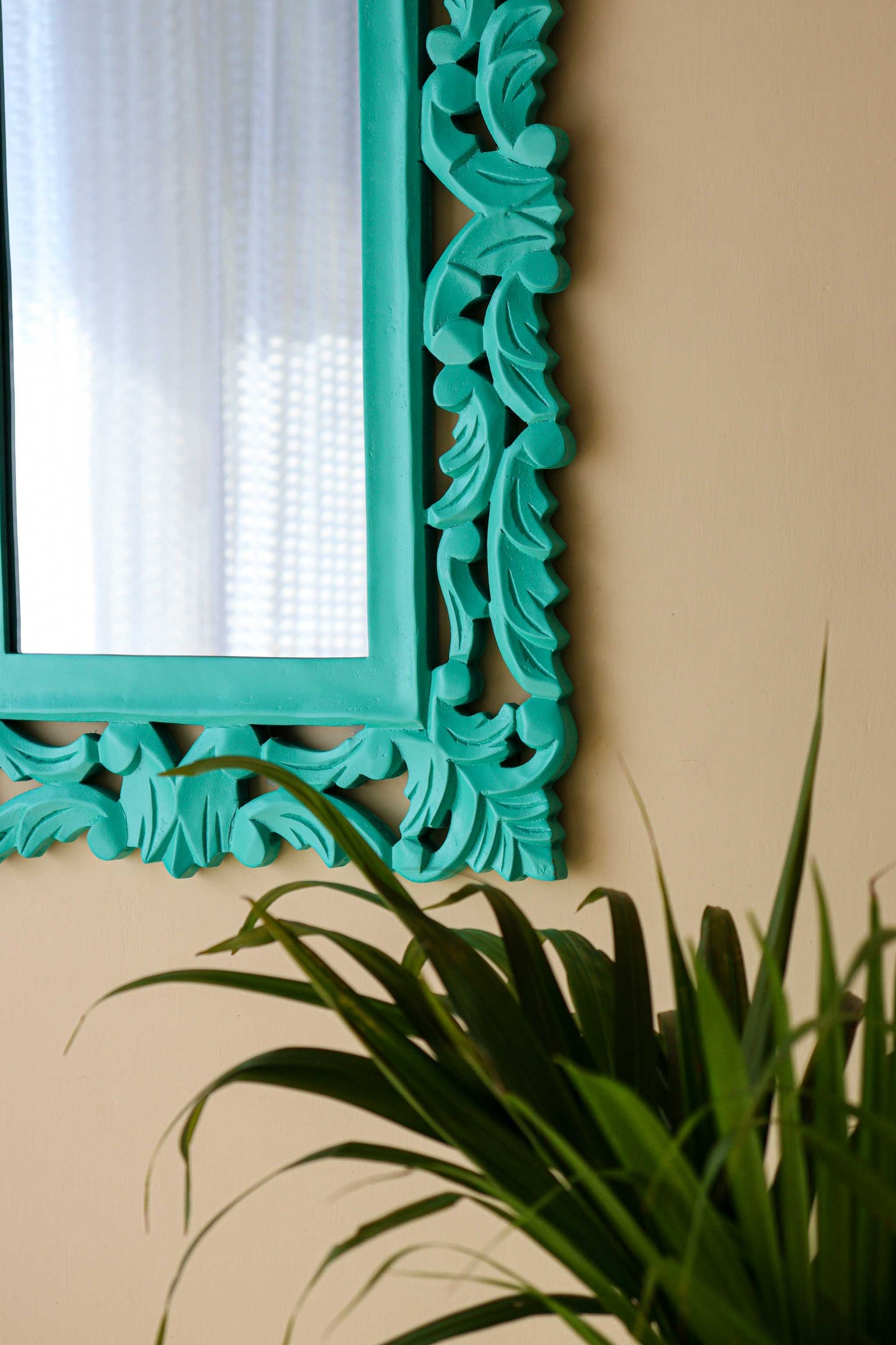 Distressed Light Blue Carving Rectangle Wall Mirror