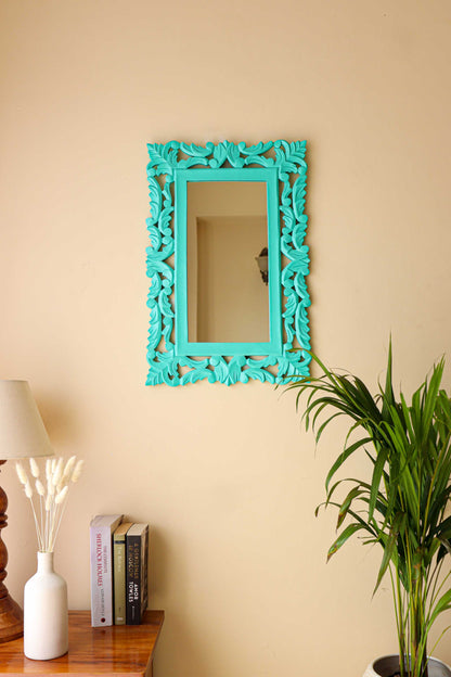 Distressed Light Blue Carving Rectangle Wall Mirror