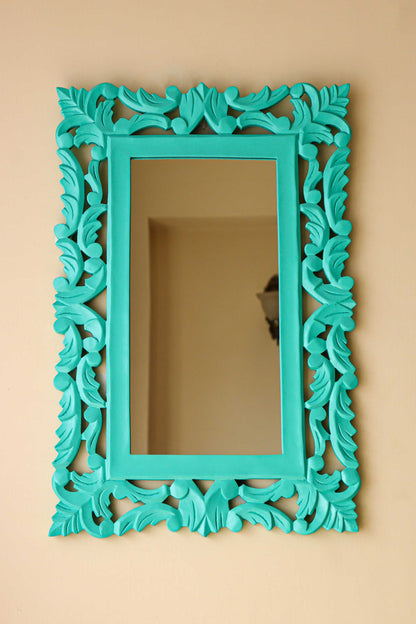 Distressed Light Blue Carving Rectangle Wall Mirror