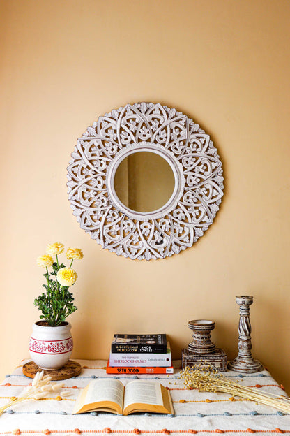 White Carving Circular Wall Mirror