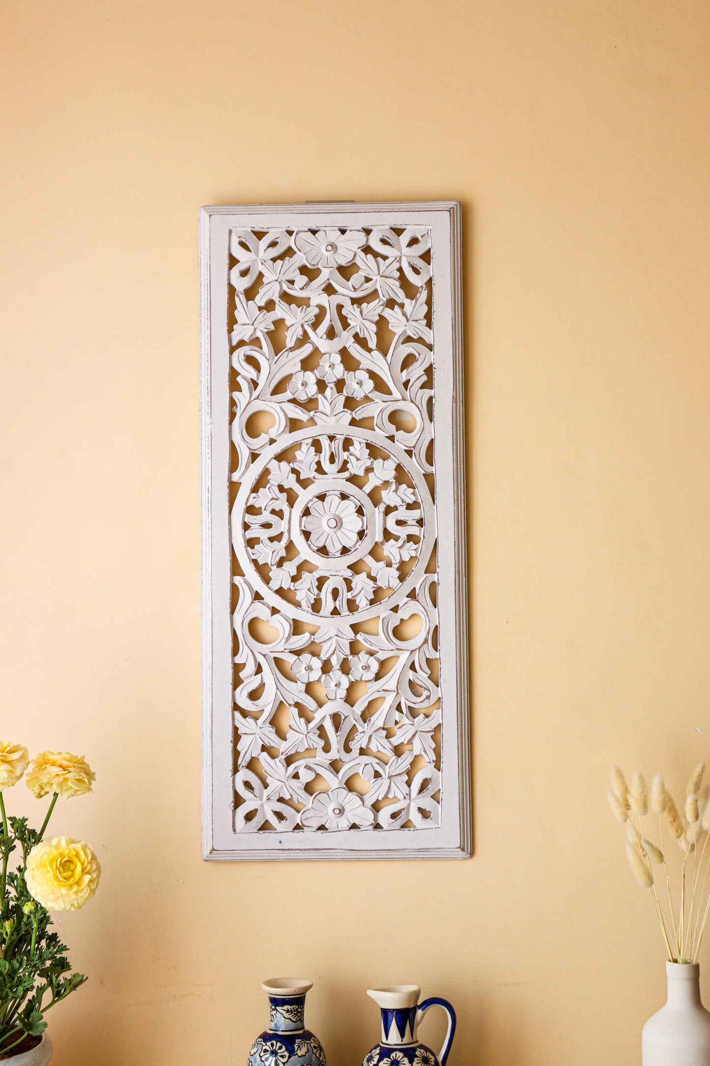 White Wooden Carving Wall Jali