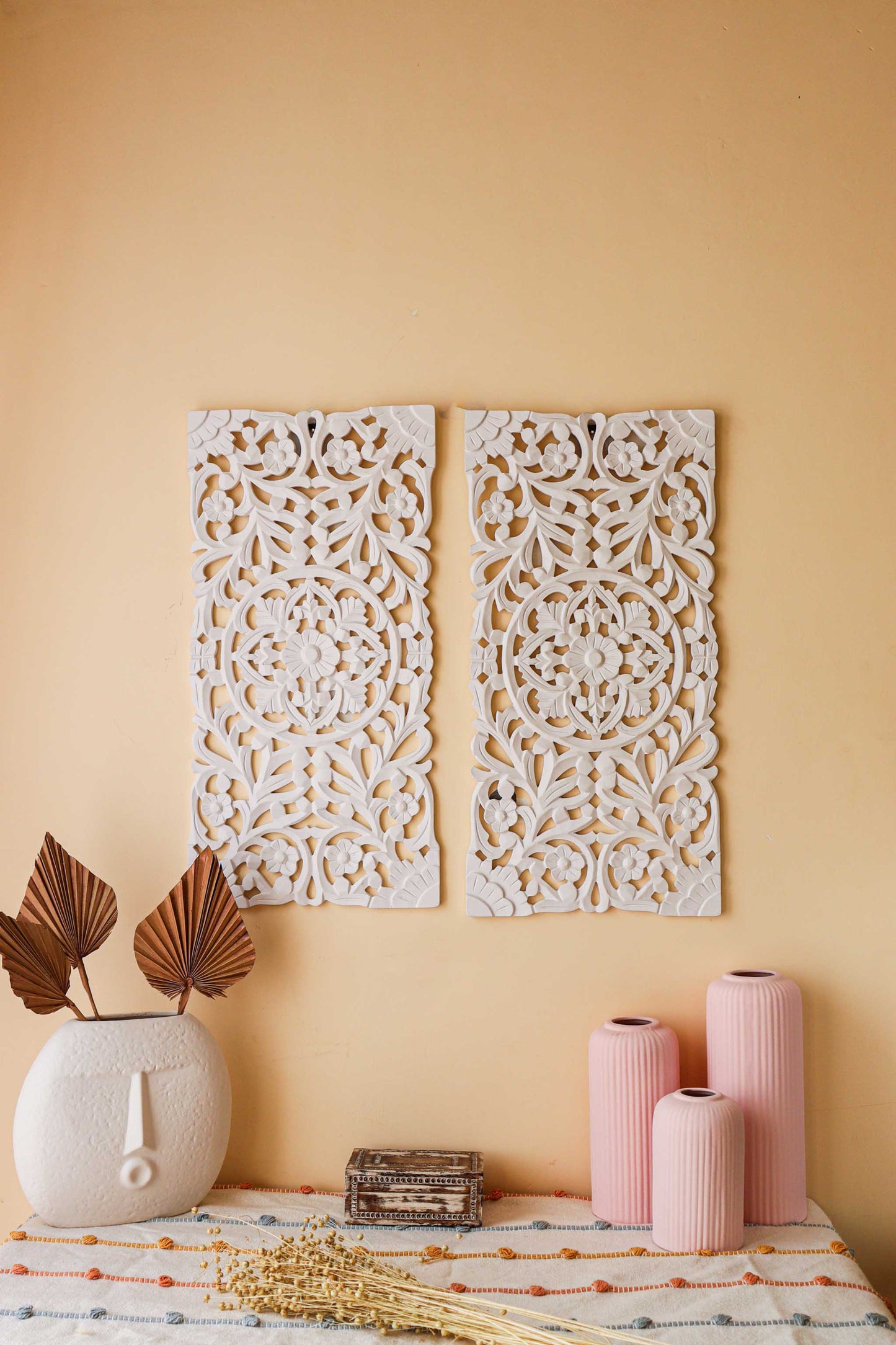 White Wooden Carving Wall Jali - Set of 2