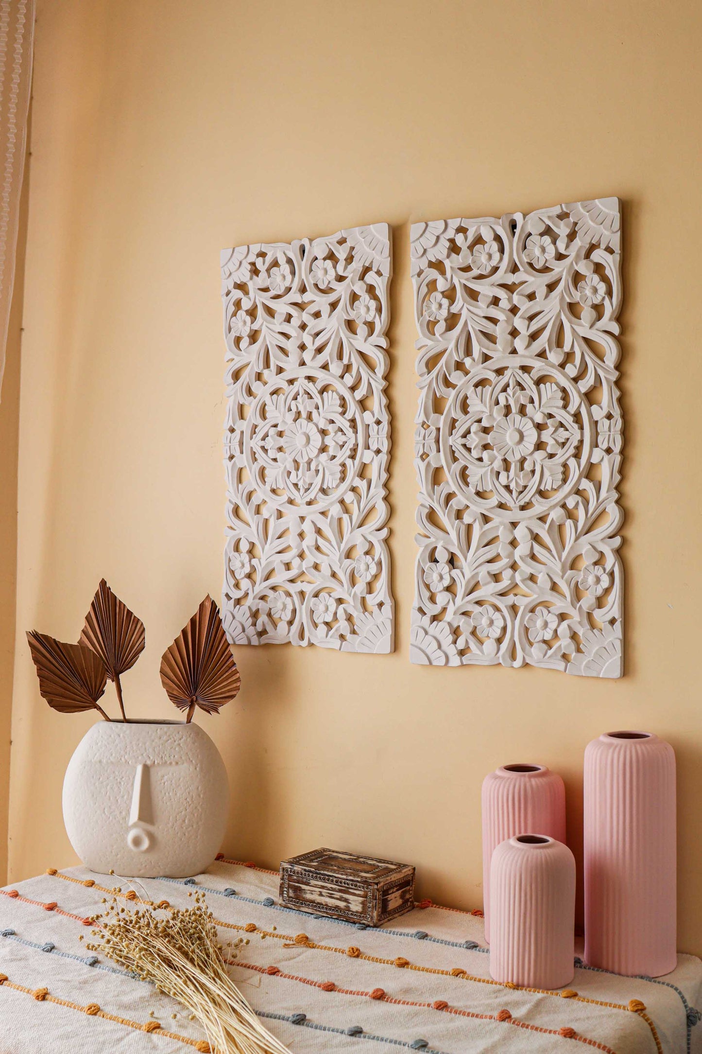 White Wooden Carving Wall Jali - Set of 2