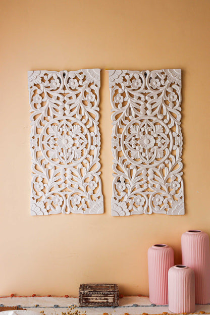 White Wooden Carving Wall Jali - Set of 2