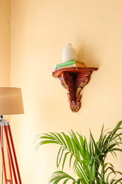 Walnut Leaves Wooden Carving Wall Shelf