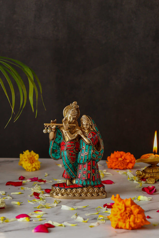 Radha Krishna Standing Brass Statue with Gems