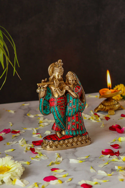 Radha Krishna Standing Brass Statue with Gems