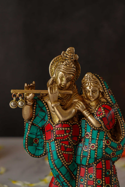 Radha Krishna Standing Brass Statue with Gems