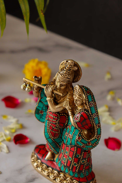 Radha Krishna Standing Brass Statue with Gems