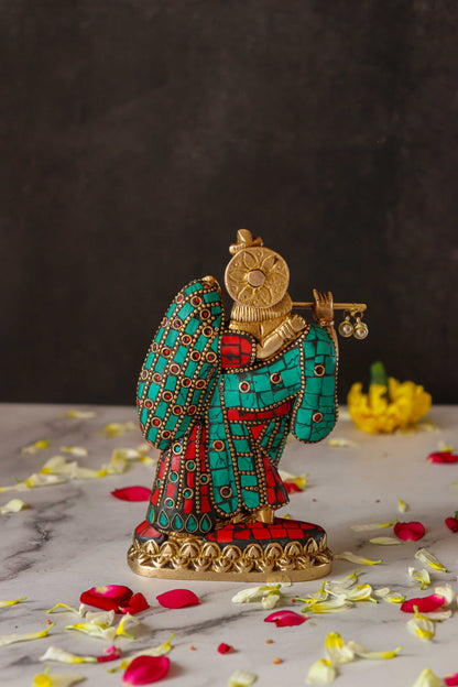 Radha Krishna Standing Brass Statue with Gems