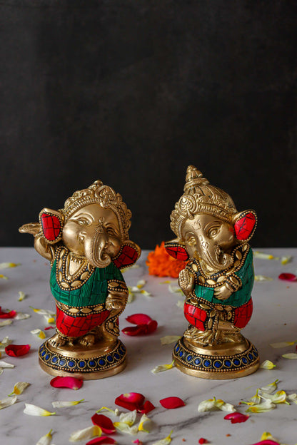 Baby Ganesh Dancing Brass Statue with Gems - Set of 2