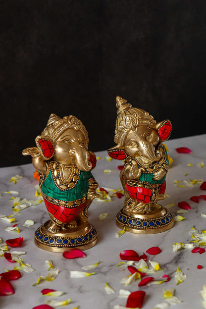 Baby Ganesh Dancing Brass Statue with Gems - Set of 2