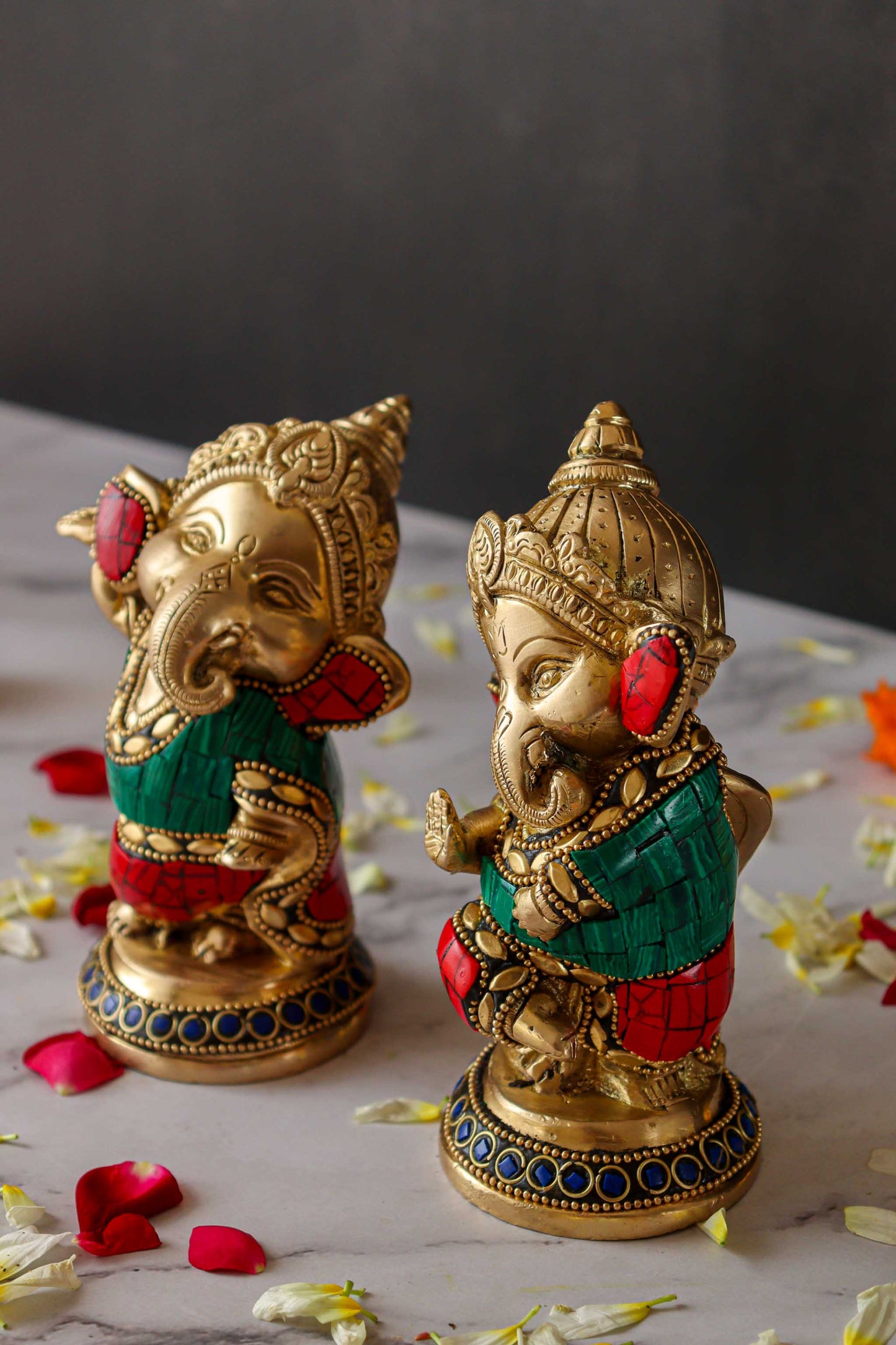 Baby Ganesh Dancing Brass Statue with Gems - Set of 2