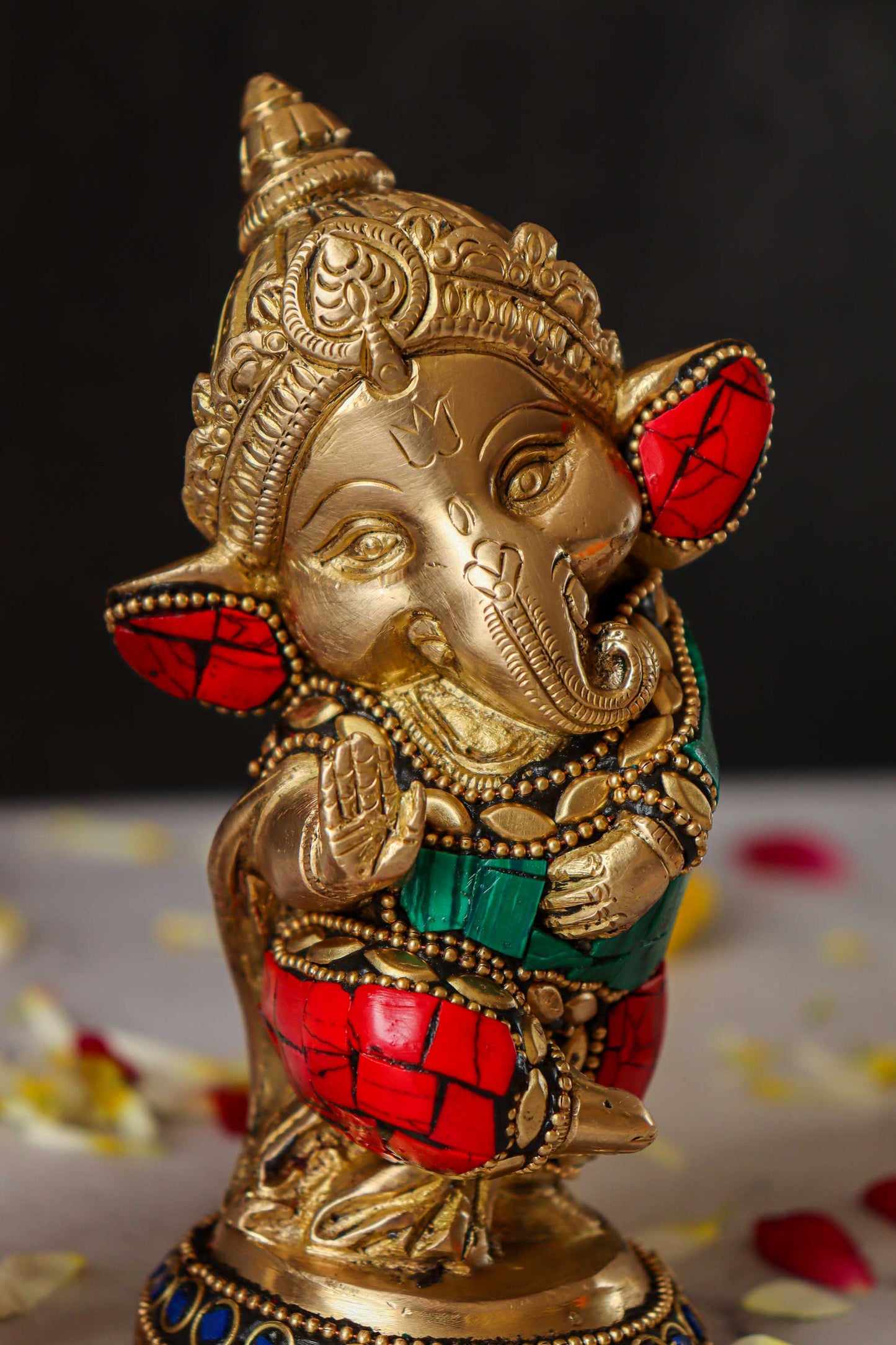 Baby Ganesh Dancing Brass Statue with Gems - Set of 2