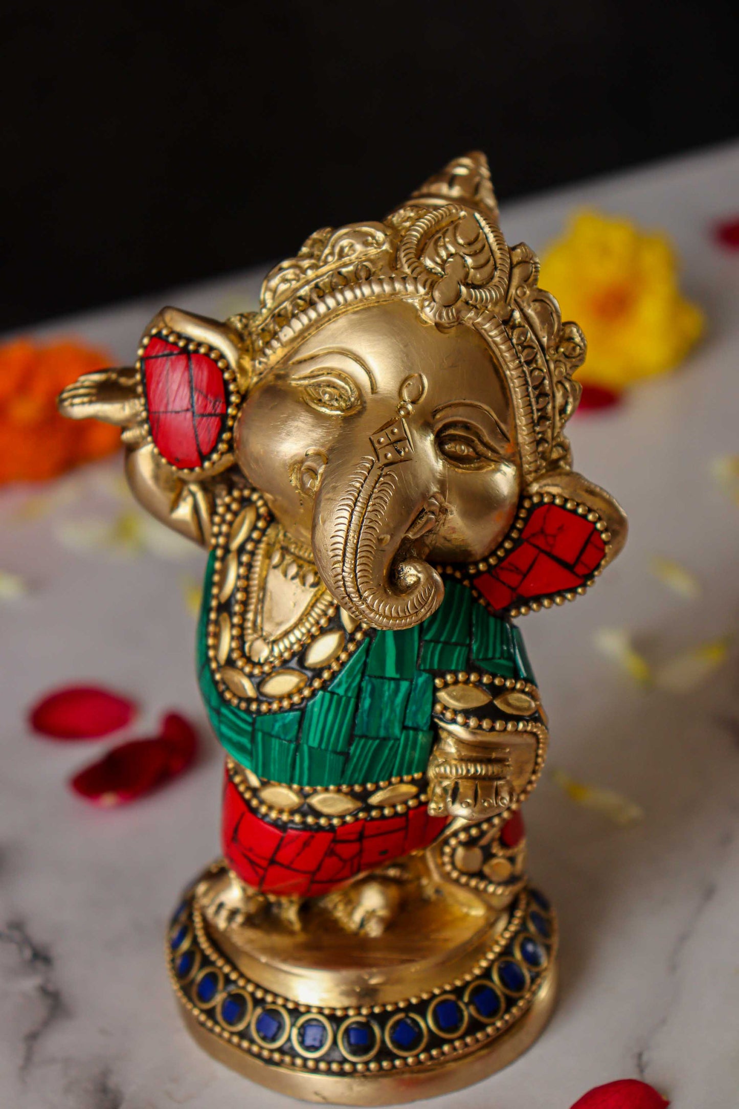 Baby Ganesh Dancing Brass Statue with Gems - Set of 2