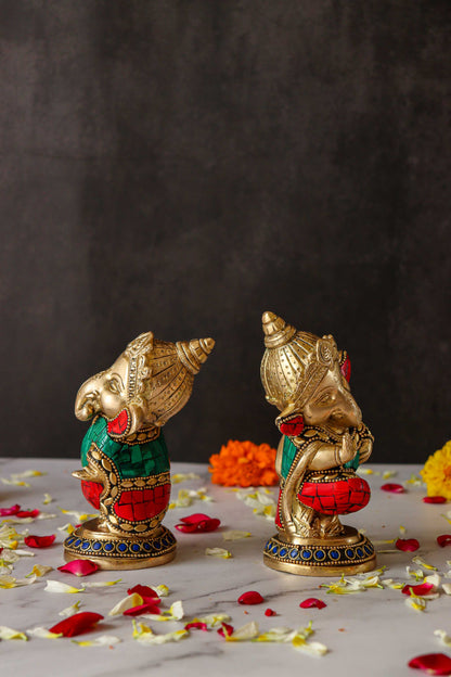 Baby Ganesh Dancing Brass Statue with Gems - Set of 2