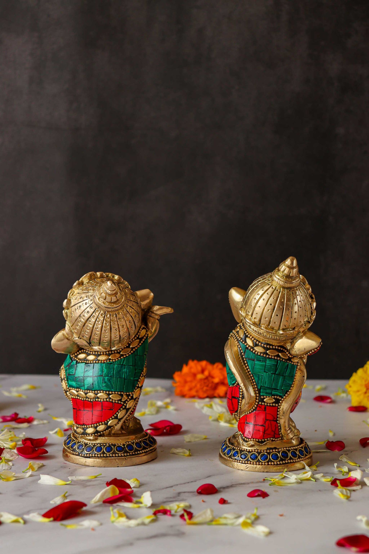 Baby Ganesh Dancing Brass Statue with Gems - Set of 2