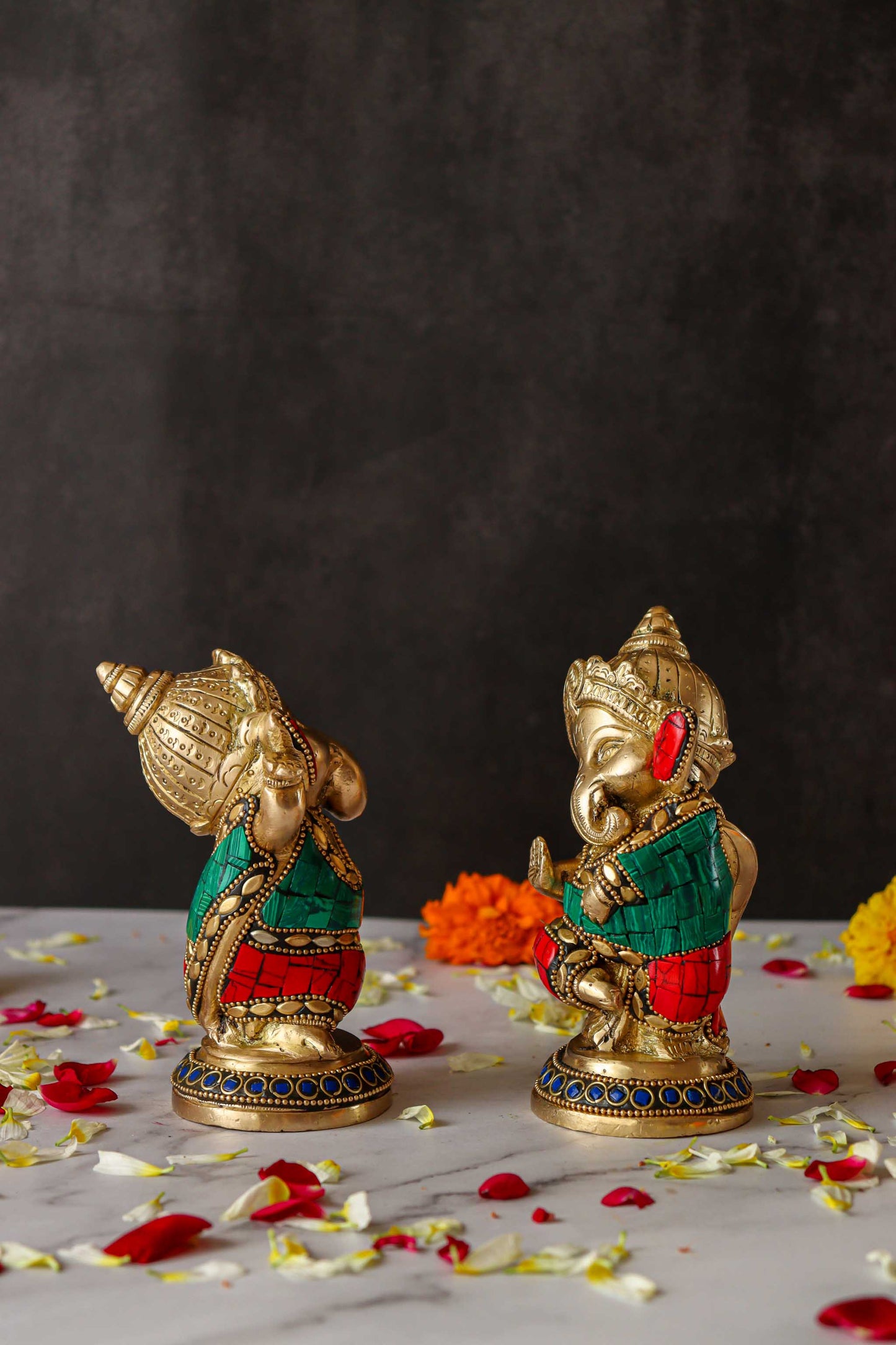 Baby Ganesh Dancing Brass Statue with Gems - Set of 2