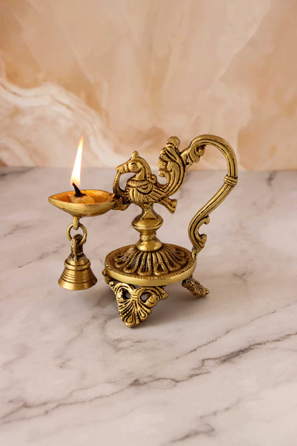 Brass Peacock Oil Lamp With Bell