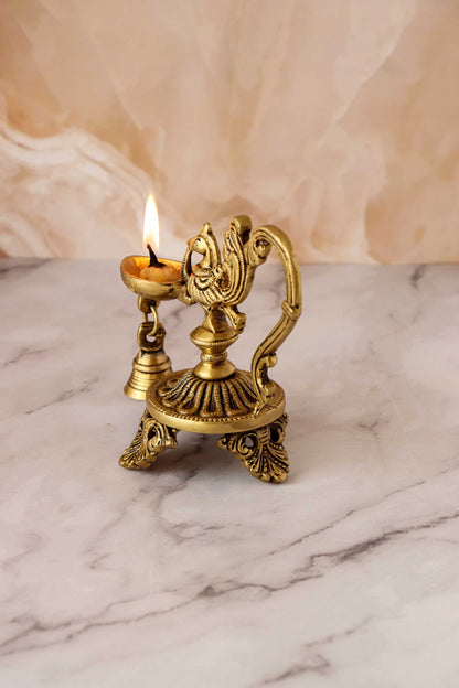 Brass Peacock Oil Lamp With Bell