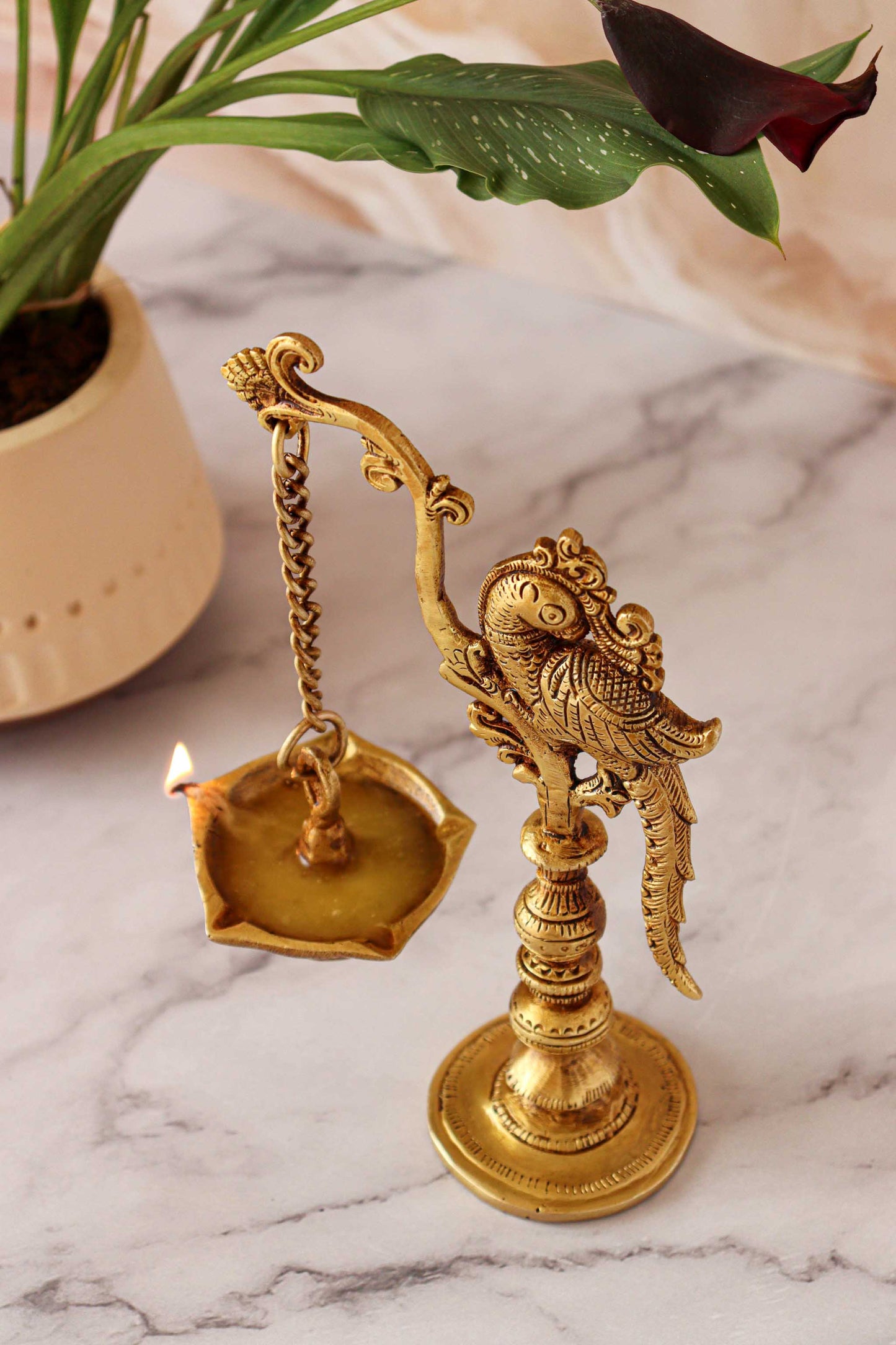 Brass Parrot Oil Lamp With Stand