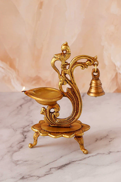 Brass Designer Peacock Handle Oil Lamp