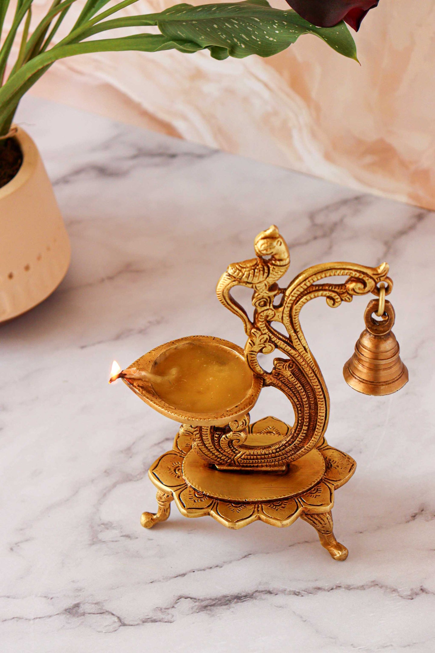 Brass Designer Peacock Handle Oil Lamp