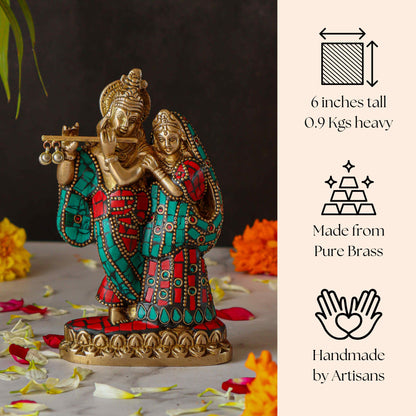 Radha Krishna Standing Brass Statue with Gems